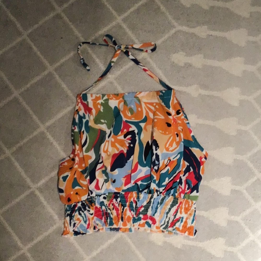 Orange and Blue Asymmetrical Tie Front Tank Top